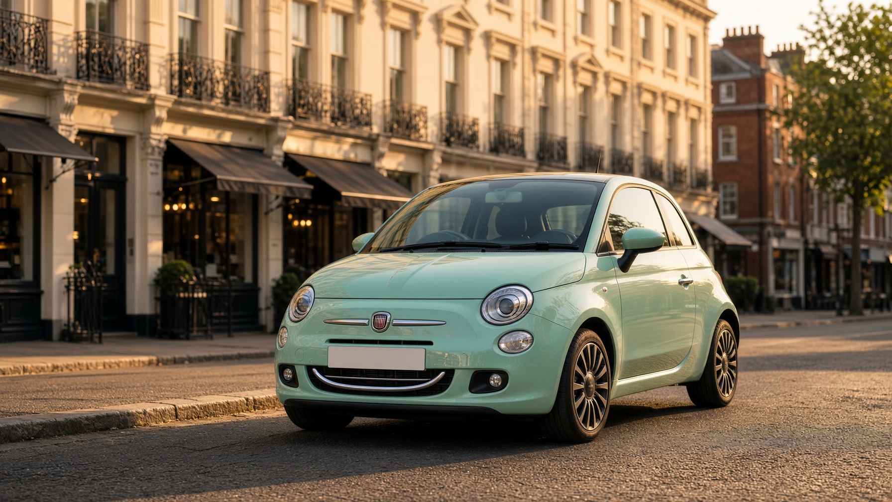 Mint green Fiat 500 parked on a sunny British high street