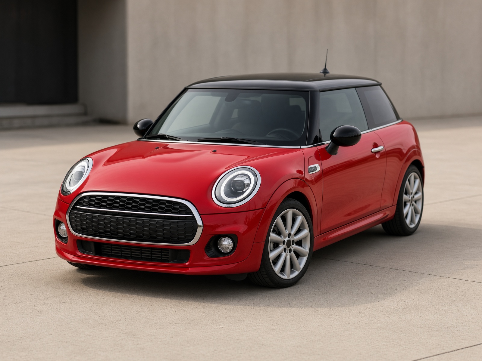 Chili red Mini Cooper with a black roof, three-quarter front view